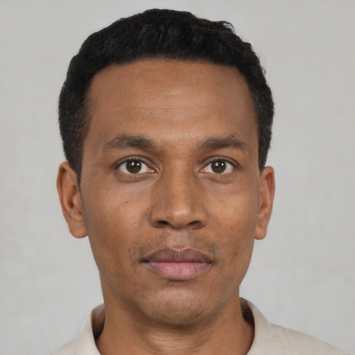 Neutral black young-adult male with short  black hair and brown eyes