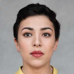 Neutral asian young-adult female with short  black hair and brown eyes