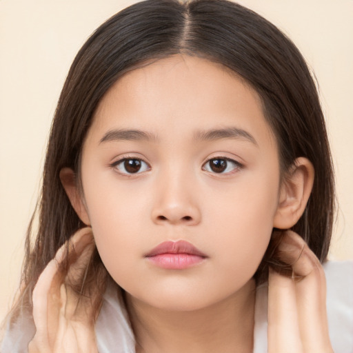 Neutral white child female with long  brown hair and brown eyes