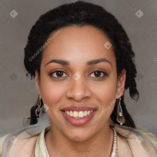 Joyful latino young-adult female with long  black hair and brown eyes