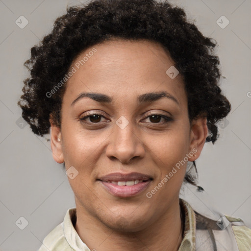 Joyful latino adult female with short  brown hair and brown eyes