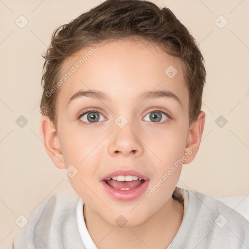 Joyful white child female with short  brown hair and brown eyes