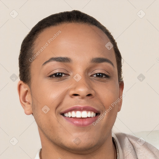 Joyful white young-adult female with short  brown hair and brown eyes