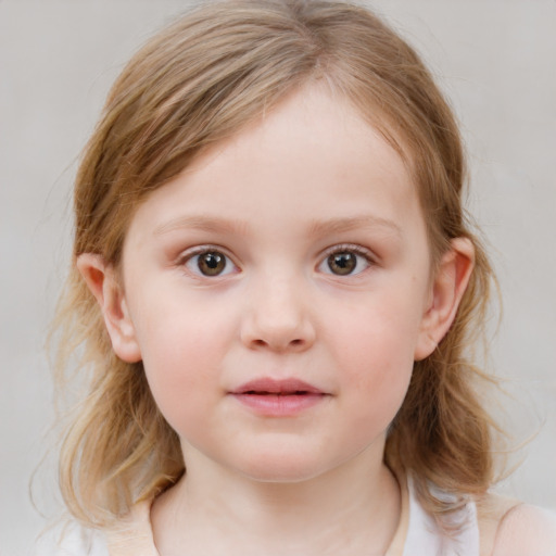 Neutral white child female with medium  brown hair and grey eyes