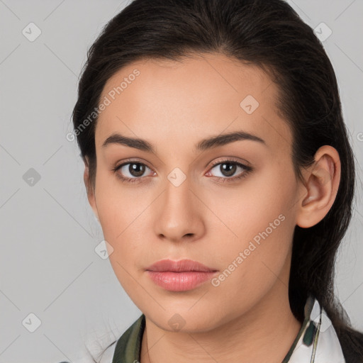 Neutral white young-adult female with medium  brown hair and brown eyes