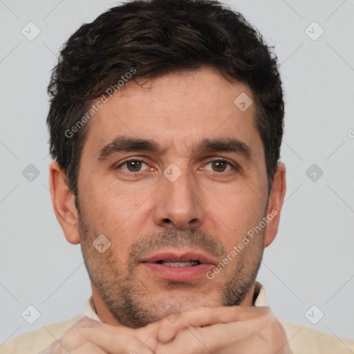 Neutral white adult male with short  brown hair and brown eyes