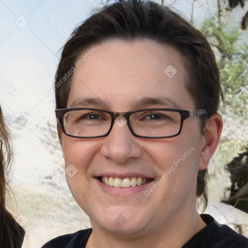 Joyful white adult female with medium  brown hair and brown eyes