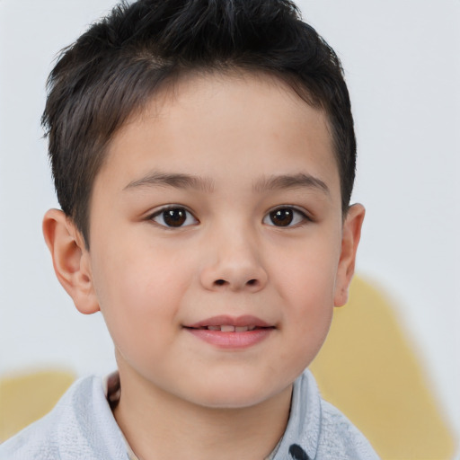 Joyful white child female with short  brown hair and brown eyes