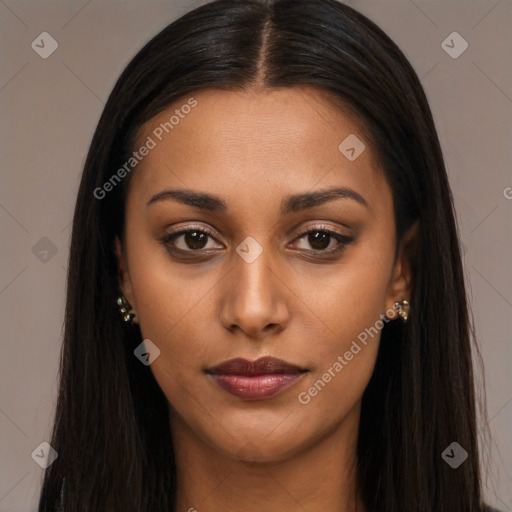 Joyful asian young-adult female with long  brown hair and brown eyes