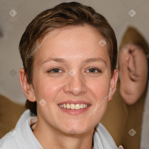 Joyful white young-adult female with medium  brown hair and blue eyes