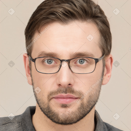 Neutral white young-adult male with short  brown hair and grey eyes