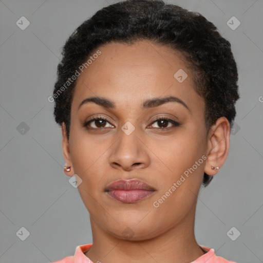 Joyful latino young-adult female with short  brown hair and brown eyes