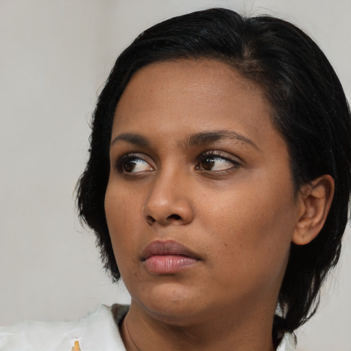 Neutral black young-adult female with medium  black hair and brown eyes