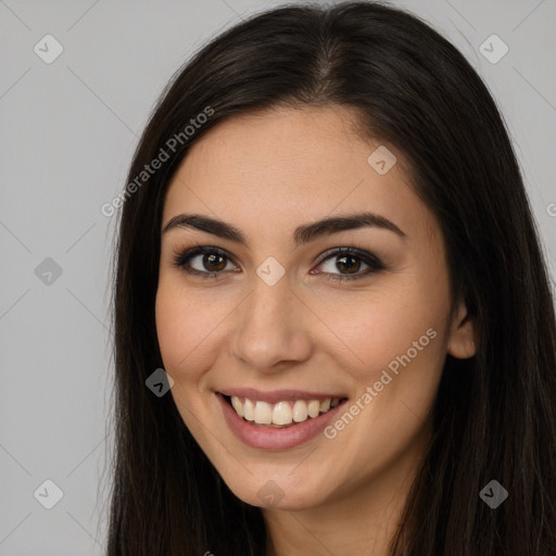 Joyful white young-adult female with long  brown hair and brown eyes