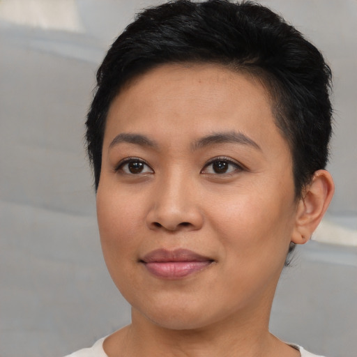 Joyful asian young-adult female with short  brown hair and brown eyes