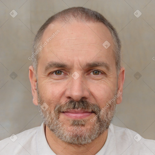 Neutral white middle-aged male with short  gray hair and brown eyes