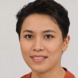 Joyful asian young-adult female with short  brown hair and brown eyes