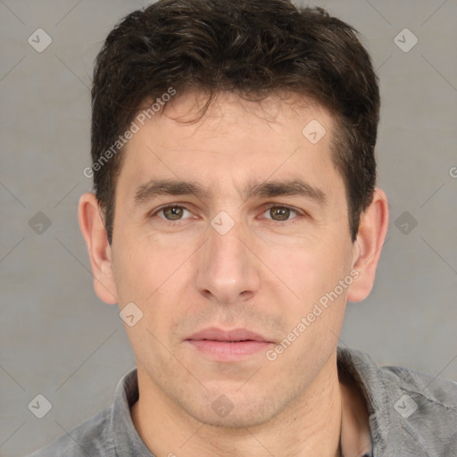 Neutral white young-adult male with short  brown hair and brown eyes