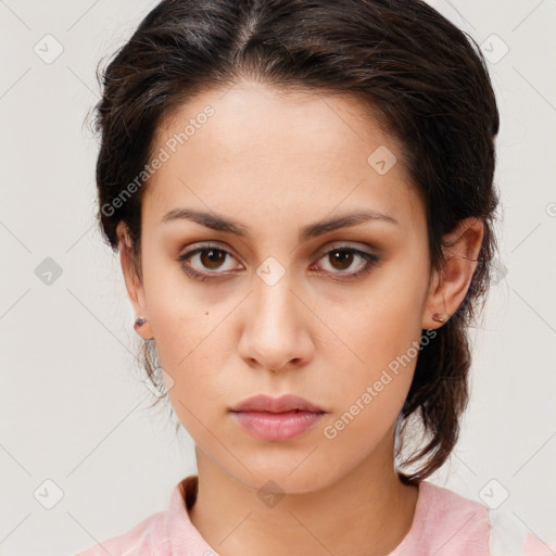 Neutral white young-adult female with medium  brown hair and brown eyes