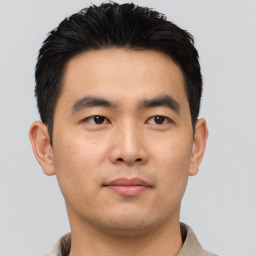 Neutral asian young-adult male with short  black hair and brown eyes