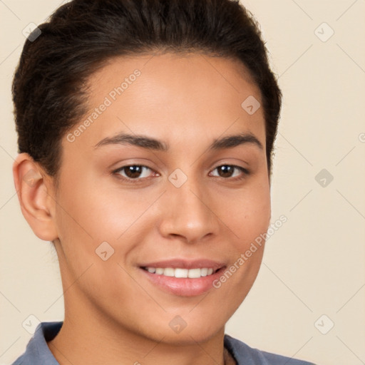 Joyful white young-adult female with short  brown hair and brown eyes