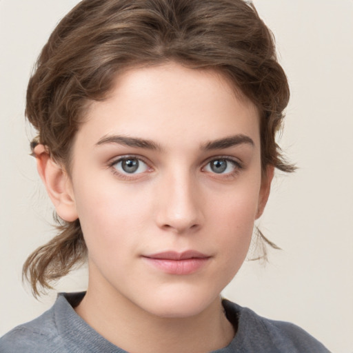 Neutral white young-adult female with medium  brown hair and grey eyes