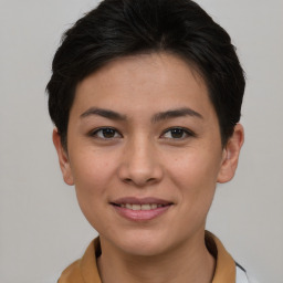 Joyful asian young-adult female with short  brown hair and brown eyes