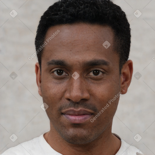 Neutral black young-adult male with short  black hair and brown eyes