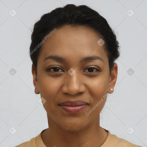 Joyful latino young-adult female with short  black hair and brown eyes