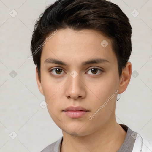 Neutral white young-adult female with short  brown hair and brown eyes