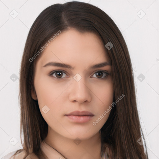 Neutral white young-adult female with long  brown hair and brown eyes