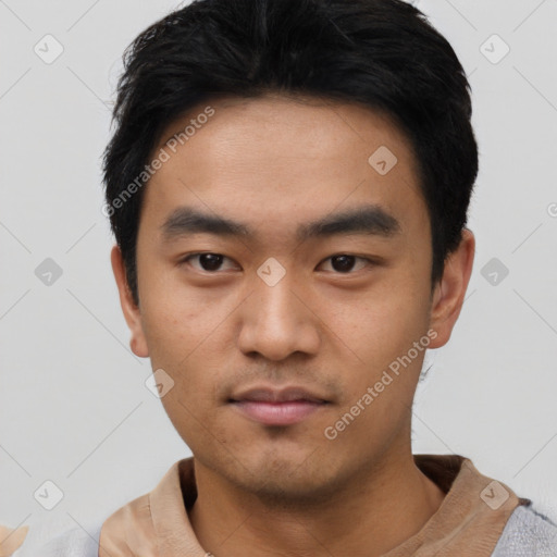 Neutral asian young-adult male with short  black hair and brown eyes