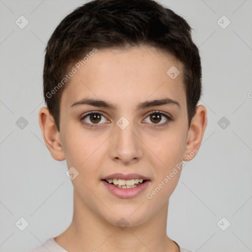 Joyful white young-adult female with short  brown hair and brown eyes