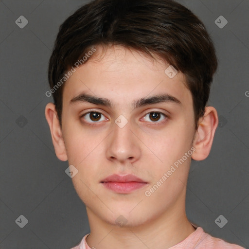 Neutral white young-adult male with short  brown hair and brown eyes