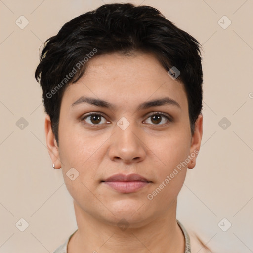 Joyful white young-adult female with short  brown hair and brown eyes