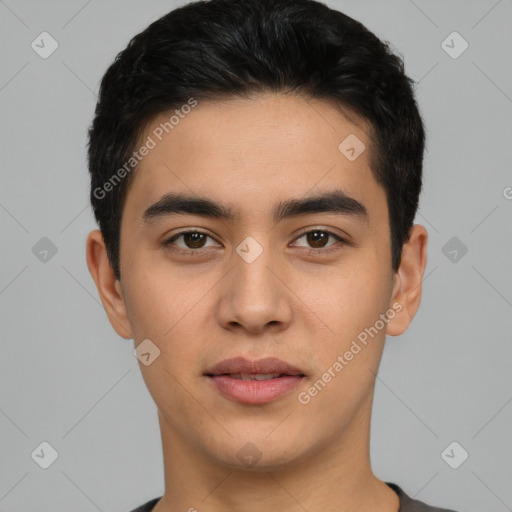 Neutral latino young-adult male with short  black hair and brown eyes