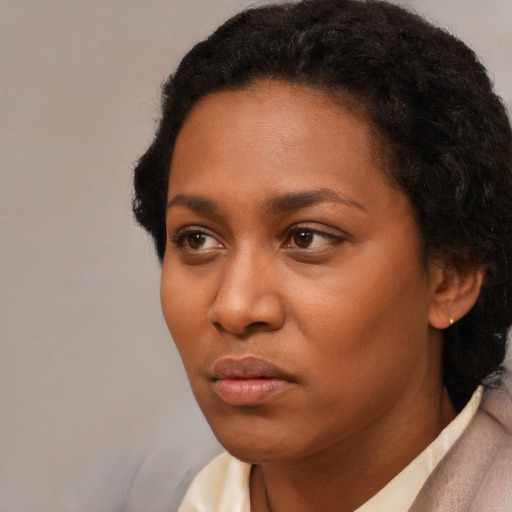 Neutral black young-adult female with short  black hair and brown eyes
