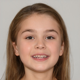 Joyful white child female with long  brown hair and brown eyes