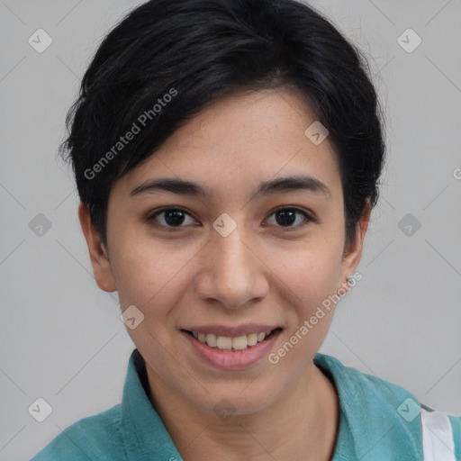 Joyful asian young-adult female with short  brown hair and brown eyes