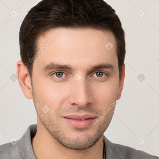 Neutral white young-adult male with short  brown hair and brown eyes