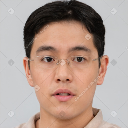 Neutral asian young-adult male with short  brown hair and brown eyes