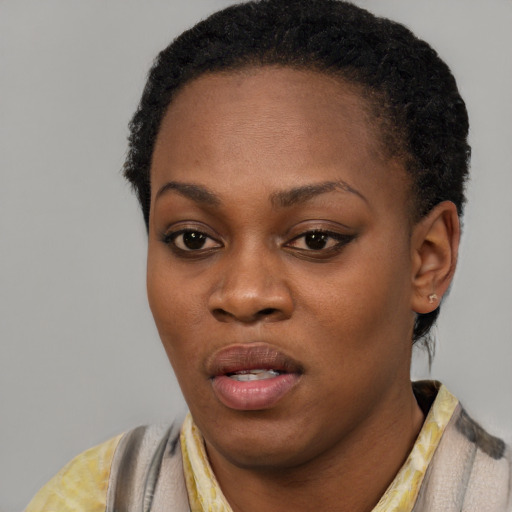 Neutral latino young-adult female with short  black hair and brown eyes