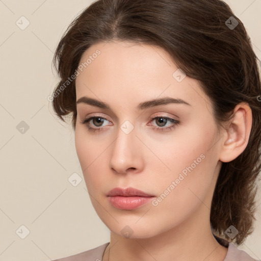 Neutral white young-adult female with medium  brown hair and brown eyes