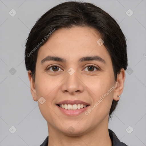 Joyful white young-adult female with medium  brown hair and brown eyes