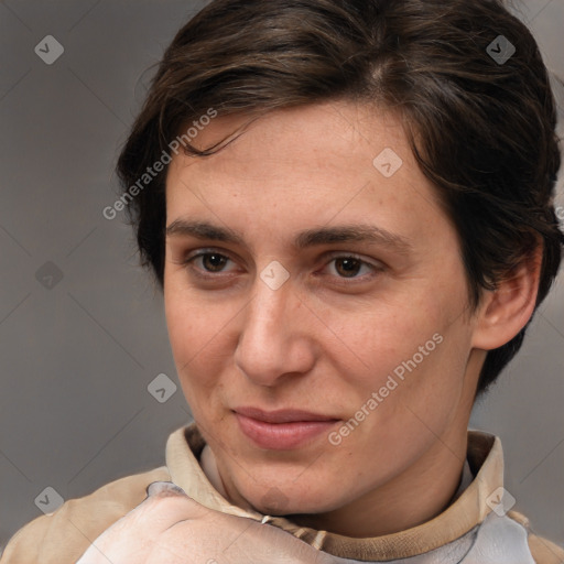 Joyful white young-adult female with short  brown hair and brown eyes