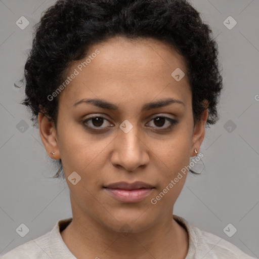 Joyful latino young-adult female with short  brown hair and brown eyes