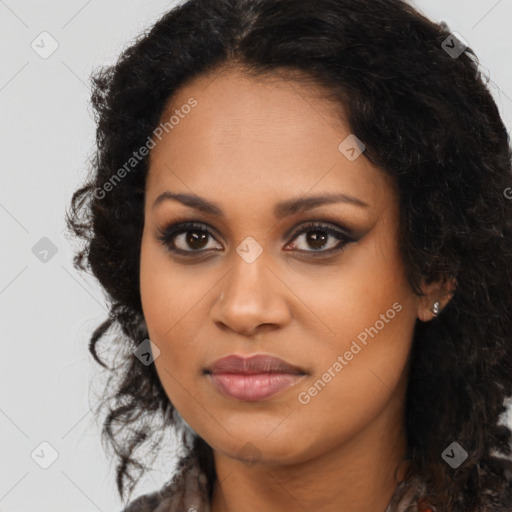 Joyful latino young-adult female with long  brown hair and brown eyes