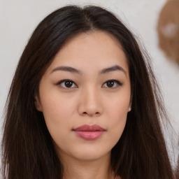 Neutral asian young-adult female with long  brown hair and brown eyes