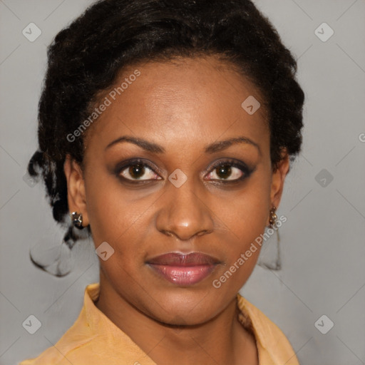 Joyful latino young-adult female with short  brown hair and brown eyes