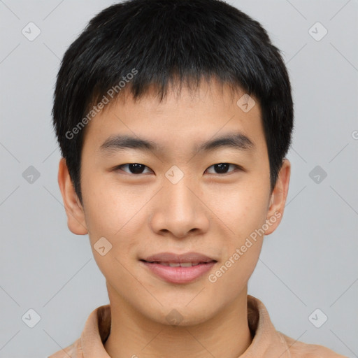 Joyful asian young-adult male with short  brown hair and brown eyes